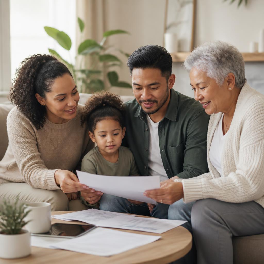 A family with their young child and grandmother looking over documents