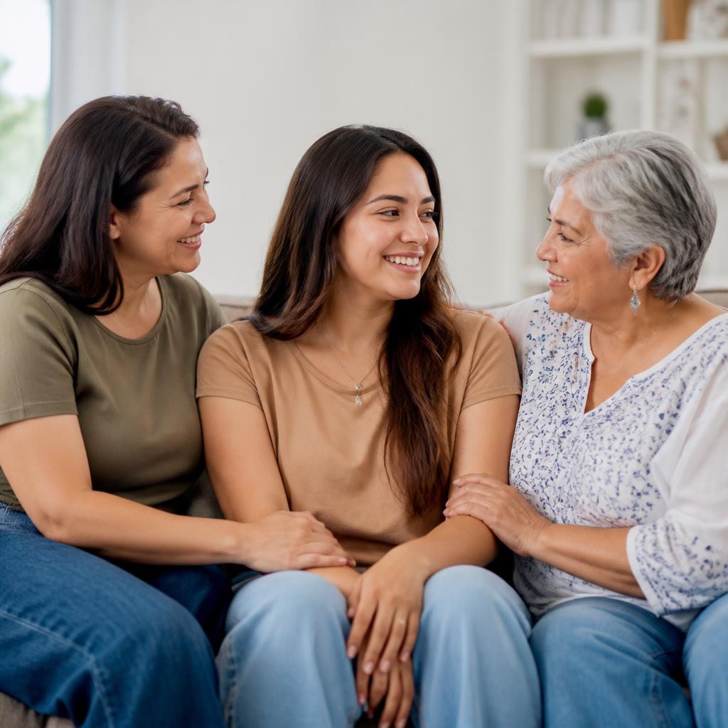 Three generations of women talking together on a couch
