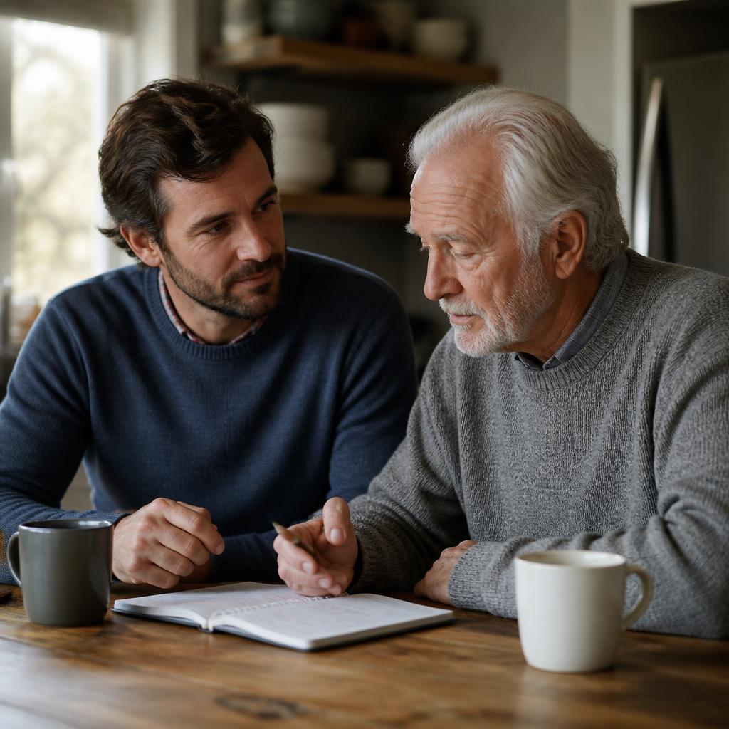 An adult son sitting with his father at the kitchen table reviewing notes