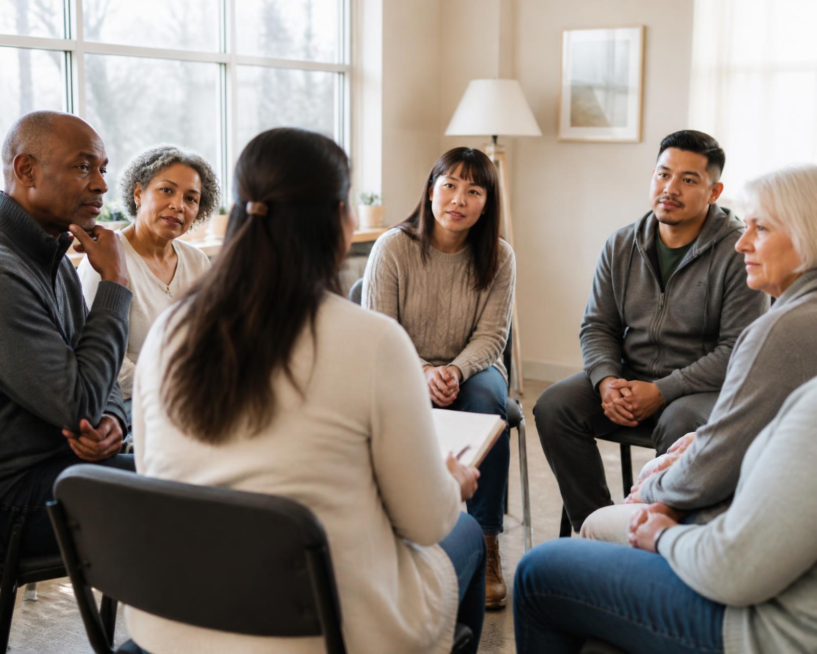 A facilitator leading a small circle of caregivers and family members in a bright community room